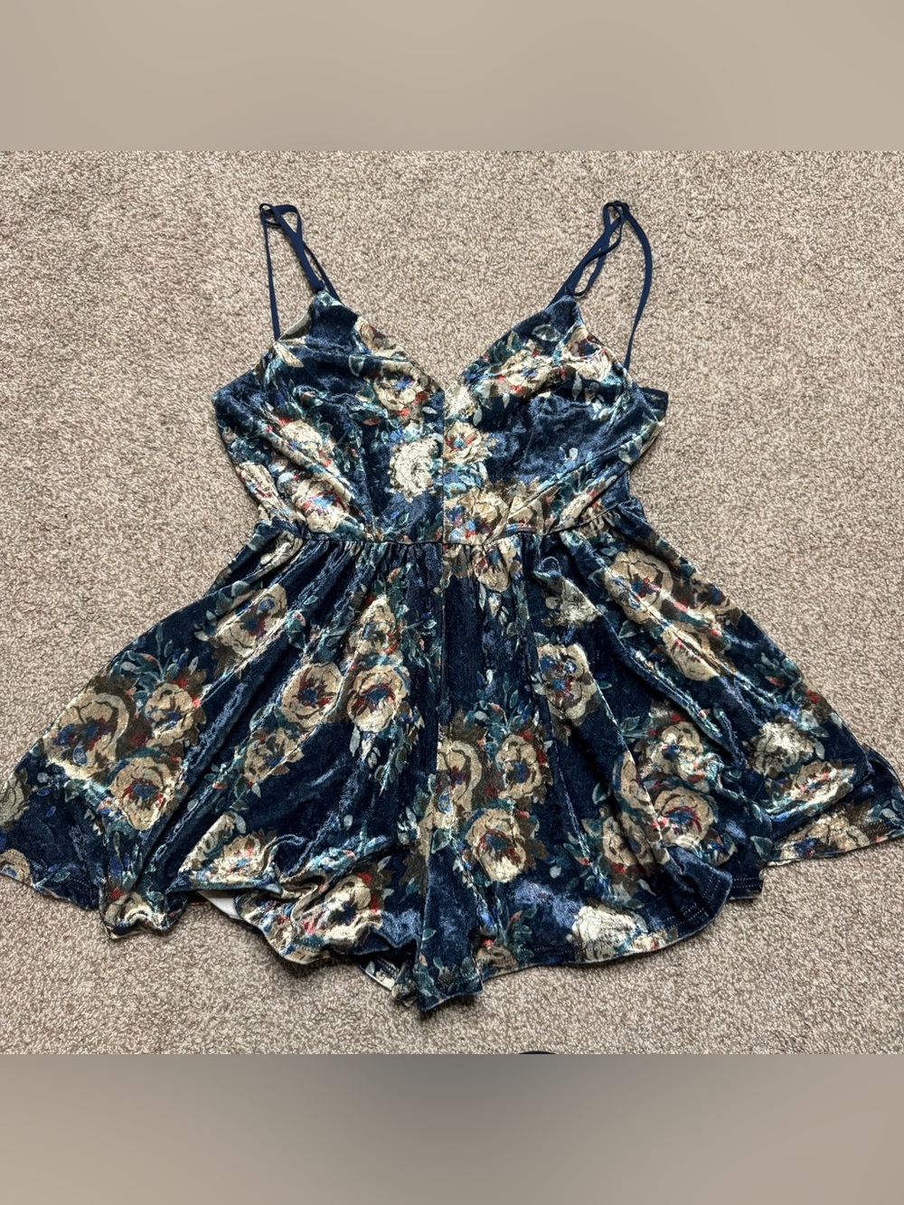 Velvet Floral Print Spaghetti Strap Romper